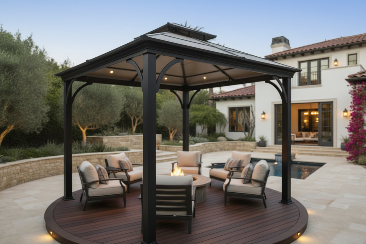 make it a close up of the gazebo barely showing the house with the hottub in the picture